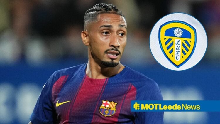 Raphinha in action for Barcelona with circular inset of Leeds badge