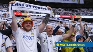 LONDON, ENGLAND - MAY 26: Leeds United supporters show their support during the Sky Bet Championship Play-Off Final match between Leeds United and Southampton at Wembley Stadium on May 26, 2024