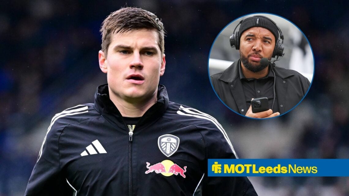 Jaka Bijol warms up for Leeds United, with Troy Deeney (inset)