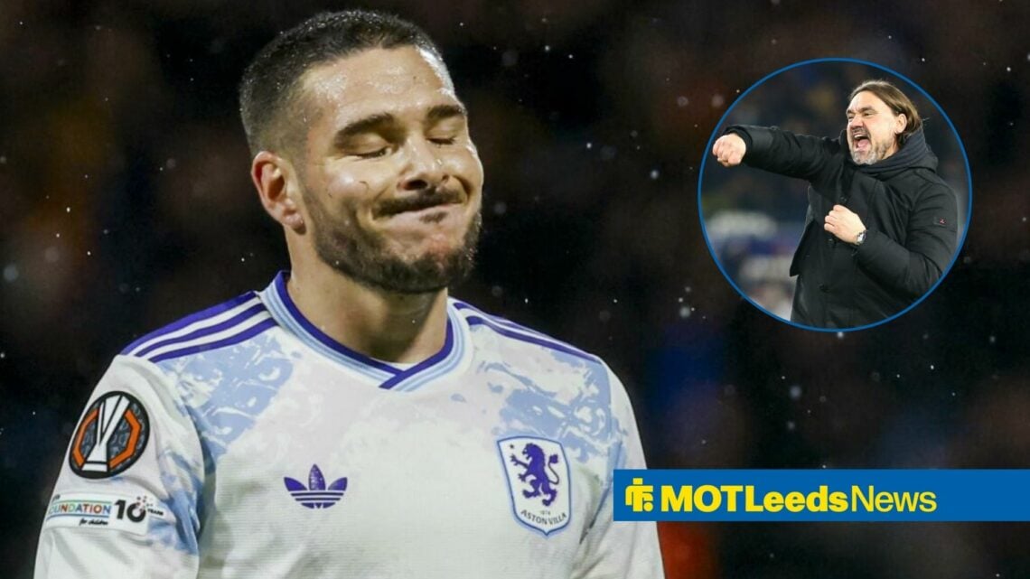 Emi Buendia looking annoyed playing for Aston Villa next to a circle inset of Daniel Farke celebrating for Leeds United