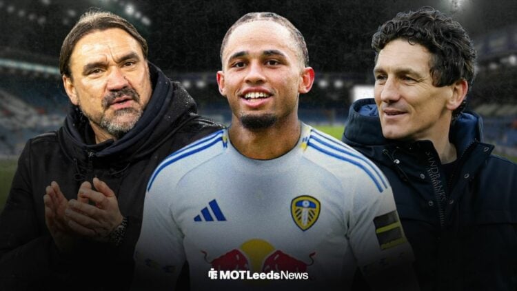 Noah Okafor playing for Leeds United alongside Daniel Farke and Keith Andrews