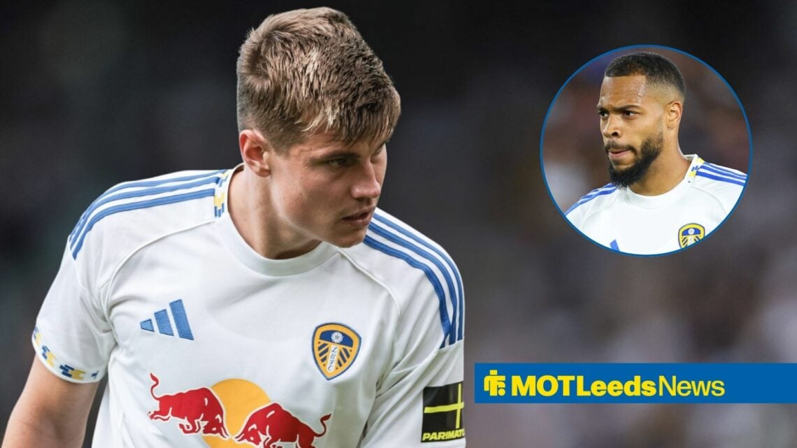 Jaka Bijol playing for Leeds United looking towards a circle inset of Lukas Nmecha playing for Leeds United