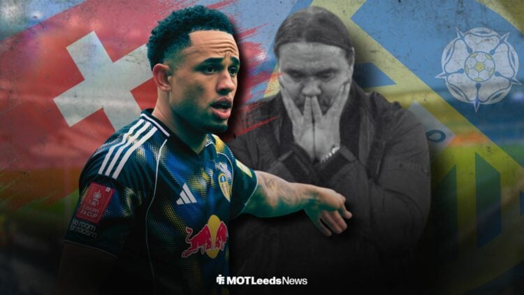 Noah Okafor playing for Leeds United alongside Daniel Farke looking annoyed