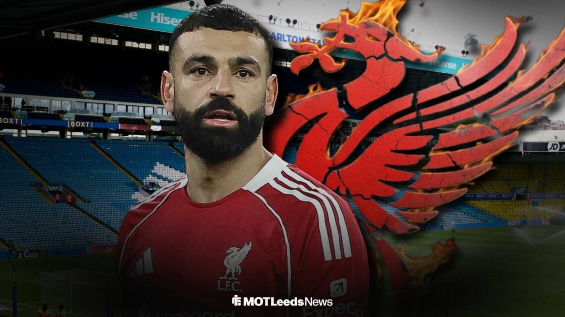Mohamed Salah playing for Liverpool with Elland Road in the background