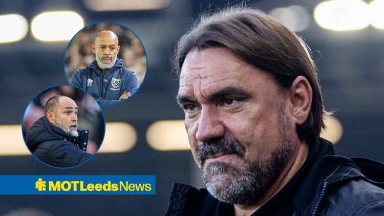 Daniel Farke looking happy, with Nuno Espirito Santo and Igor Tudor in circular frames inset