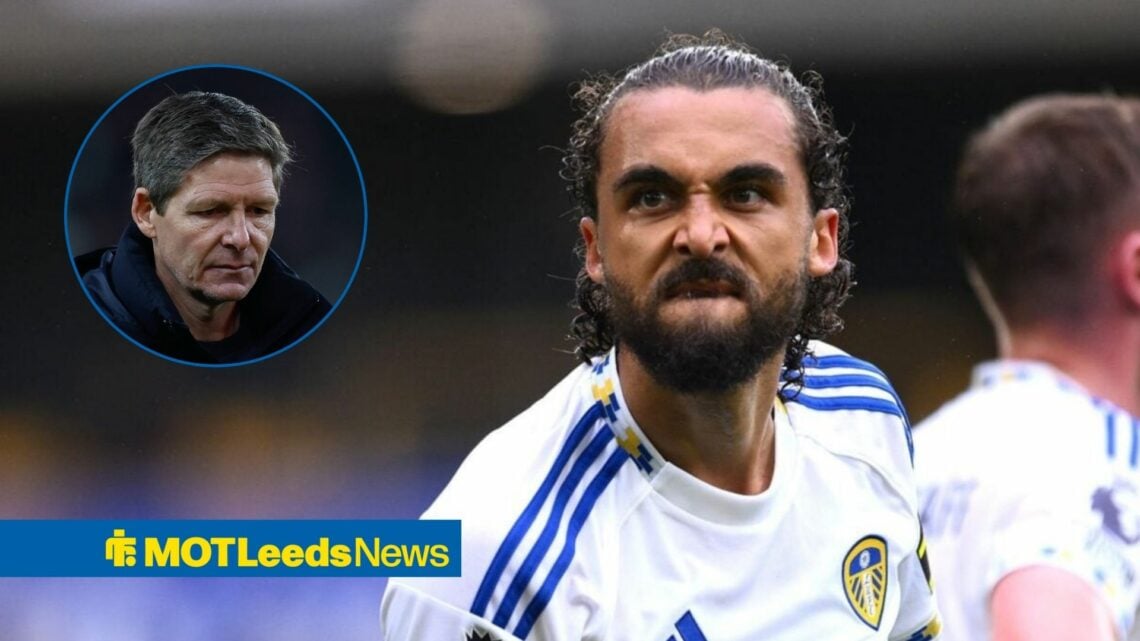 Leeds' Dominic Calvert-Lewin fist pumps in celebration after scoring, alongside a circular inset of a dejected Oliver Glasner (top left)