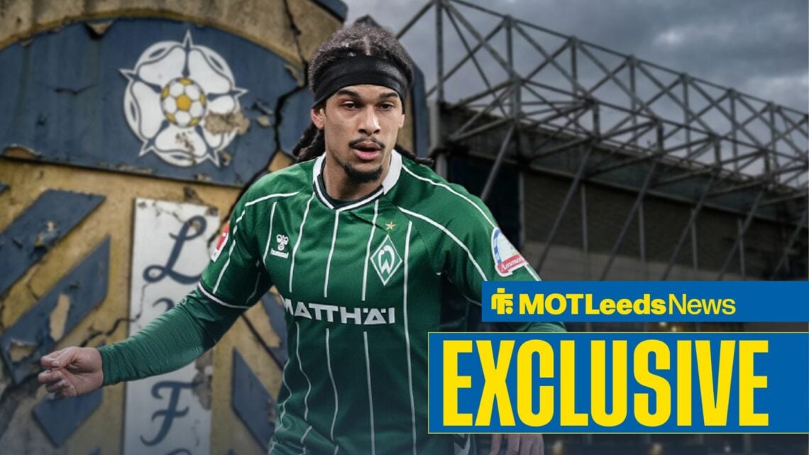 Isaac Schmidt in a Werder Bremen shirt with a crumbling Leeds United badge and Elland Road in the background
