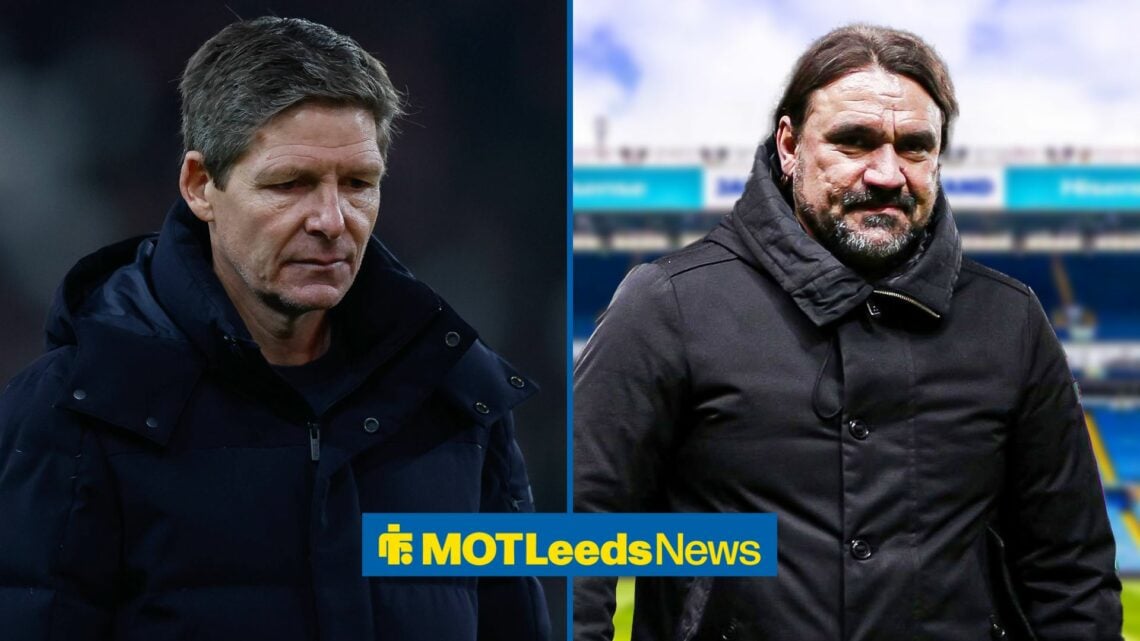 Oliver Glasner looking downbeat with Daniel Farke smiling