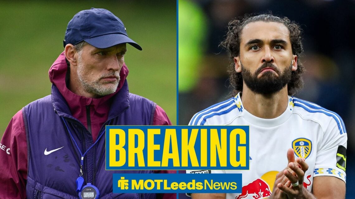 England manager Thomas Tuchel looking unhappy in training in a 50/50 split image of him and Leeds United star Dominic Calvert-Lewin.