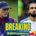 England manager Thomas Tuchel looking unhappy in training in a 50/50 split image of him and Leeds United star Dominic Calvert-Lewin.