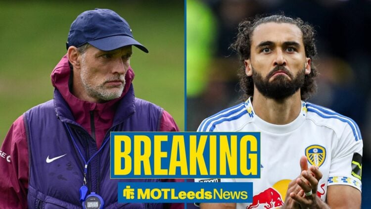 England manager Thomas Tuchel looking unhappy in training in a 50/50 split image of him and Leeds United star Dominic Calvert-Lewin.
