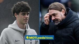 Archie Gray smiling at Tottenham with Farke looking worried