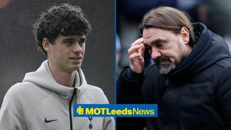 Archie Gray smiling at Tottenham with Farke looking worried