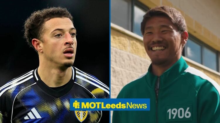 Ethan Ampadu in action for Leeds alongside Hidemasa Morita smiling
