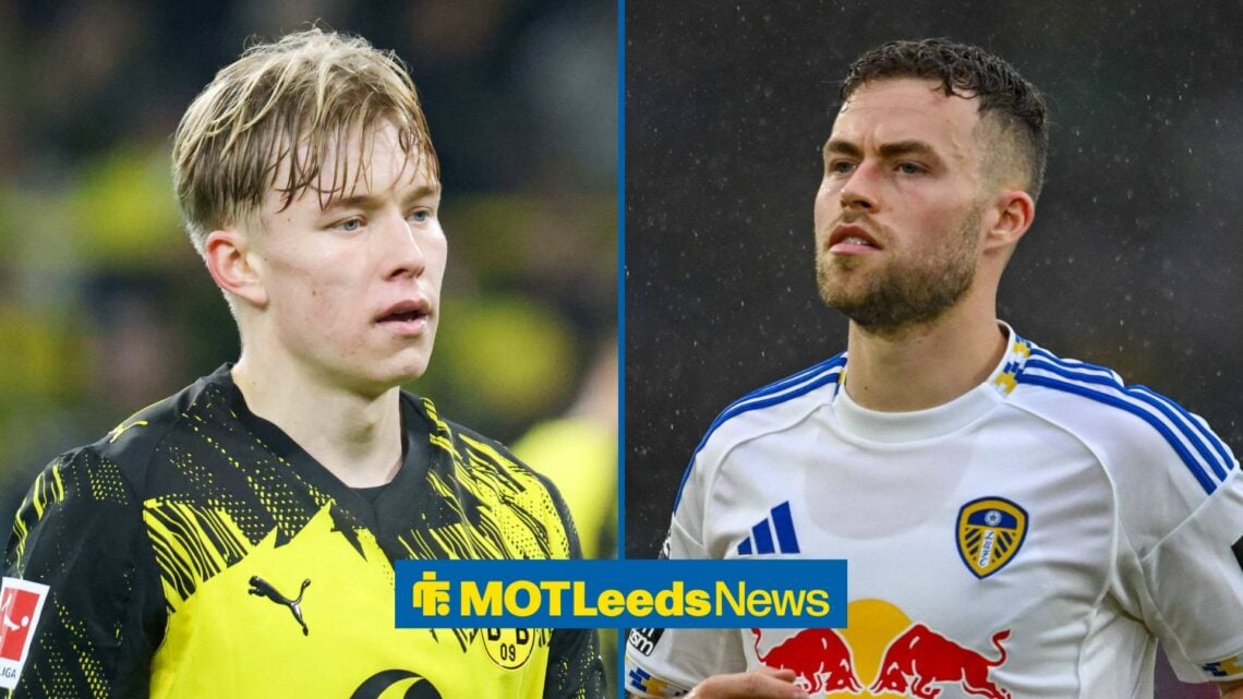 Daniel Svensson in action for Borussia Dortmund on the left with Gabriel Gudmundsson in action for Leeds on the right