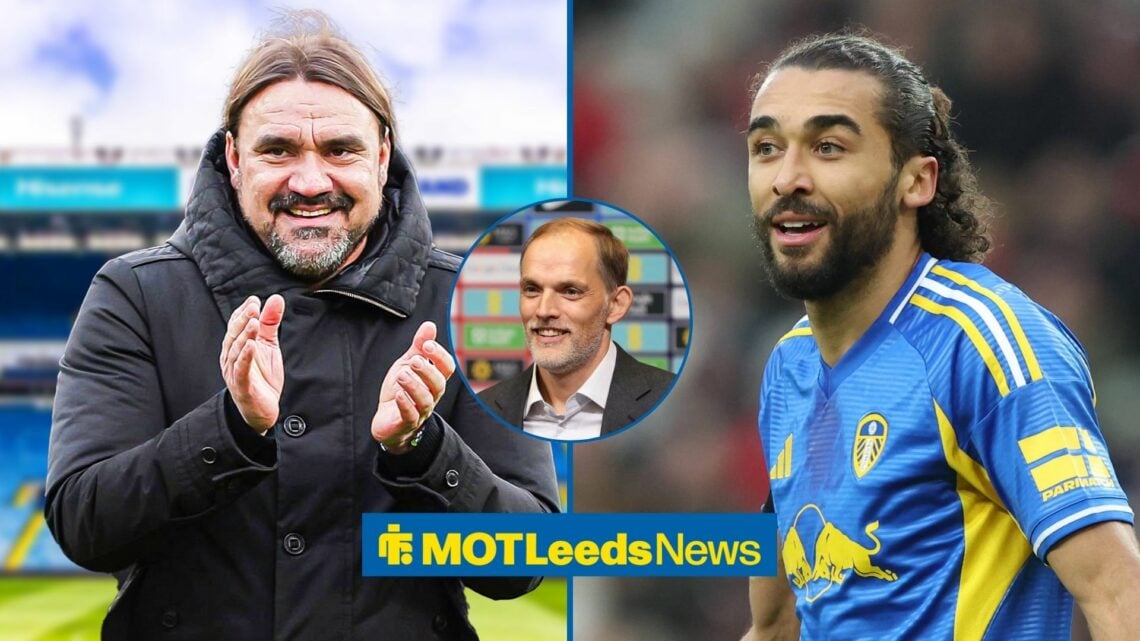 Daniel Farke smiling with Dominic Calvert-Lewin alongside him and Thomas Tuchel in circular inset