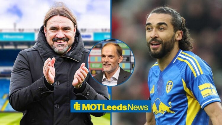 Daniel Farke smiling with Dominic Calvert-Lewin alongside him and Thomas Tuchel in circular inset