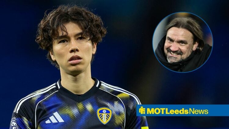 Ao Tanaka 22 of Leeds United at the end of the Premier League match between Manchester City and Leeds United, Daniel Farke smiling in inset.