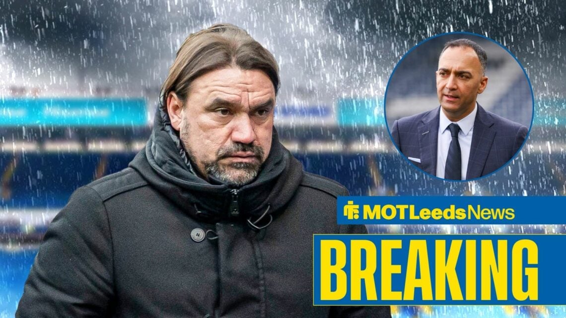 Daniel Farke looking gloomy under wet conditions at Elland Road, Paraag Marathe of 49ers Enterprises in inset.