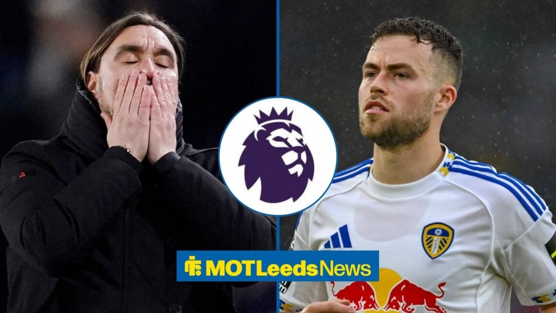 Daniel Farke manager of Leeds United rects to a missed chance during the Leeds United vs Manchester City Premier League match at Elland Road, Gabri...