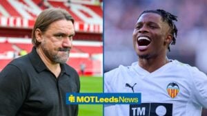 Leeds United loanee Largie Ramazani in action for Valencia, Daniel Farke Manager Of Leeds United during the Nottingham Forest v Leeds United Premier League match.