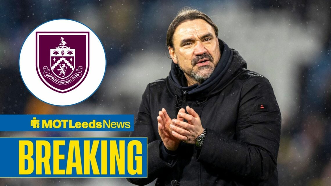 Leeds United Manager Daniel Farke claps during the clash with Nottingham Forest, Burnley badge in inset.