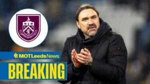 Leeds United Manager Daniel Farke claps during the clash with Nottingham Forest, Burnley badge in inset.