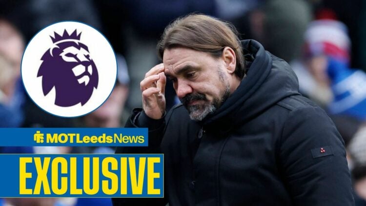 Daniel Farke manager of Leeds United during the Birmingham City vs Leeds United fourth round FA Cup match, Premier League badge in inset.