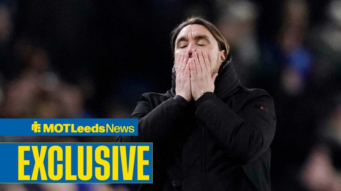 Daniel Farke, manager of Leeds United reacts to a missed chance during the Leeds United vs Manchester City Premier League match at Elland Road.