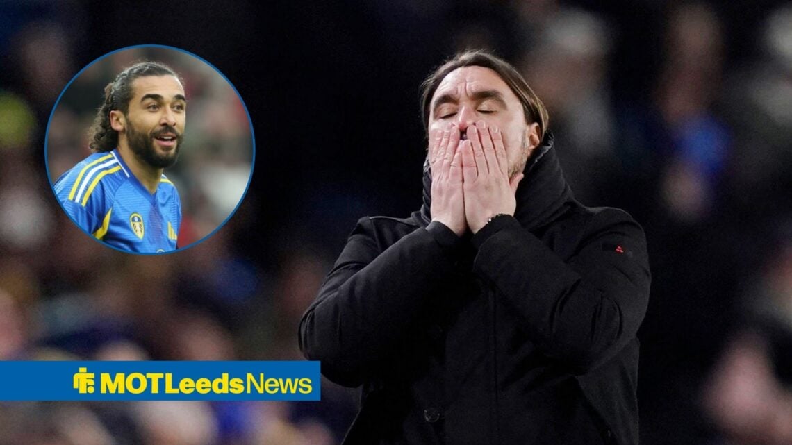 Daniel Farke manager of Leeds United rects to a missed chance during the Leeds United vs Manchester City Premier League match, Dominic Calvert-Lewi...