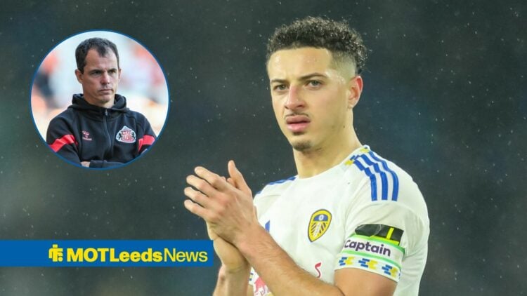 Leeds captain Ethan Ampadu in action, Sunderland boss Regis Le Bris in inset.