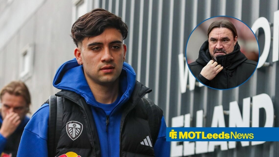 Facundo Buonanotte Of Leeds United Arrives during the Leeds United v Fulham Premier League match, Daniel Farke in inset.