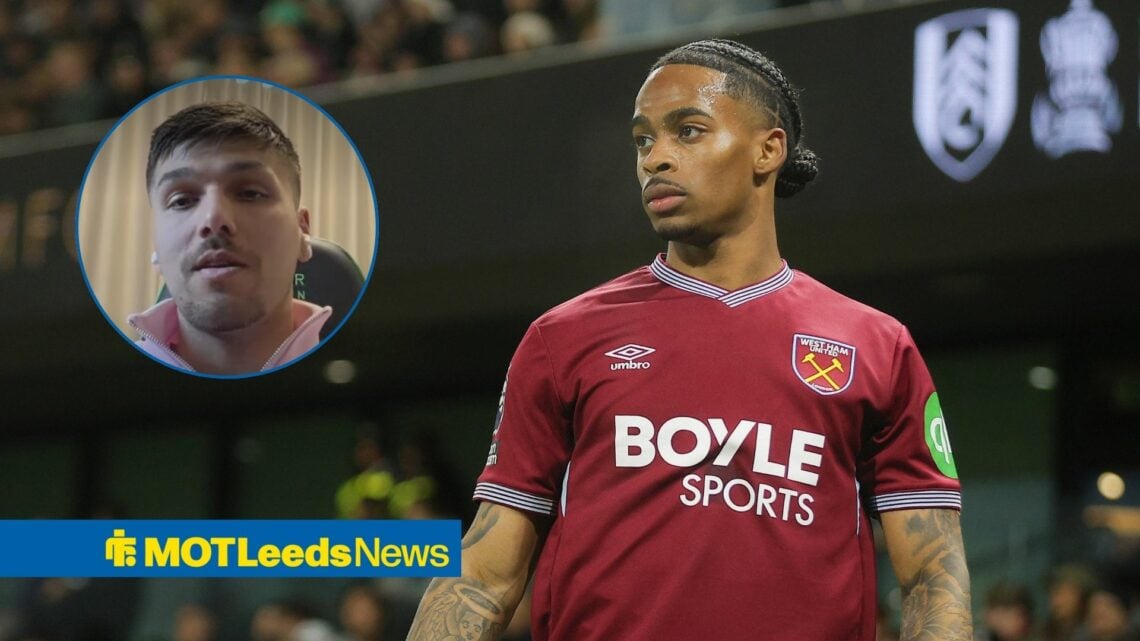 Crysencio Summerville in action for West Ham, with Joel Piroe in a circular frame inset