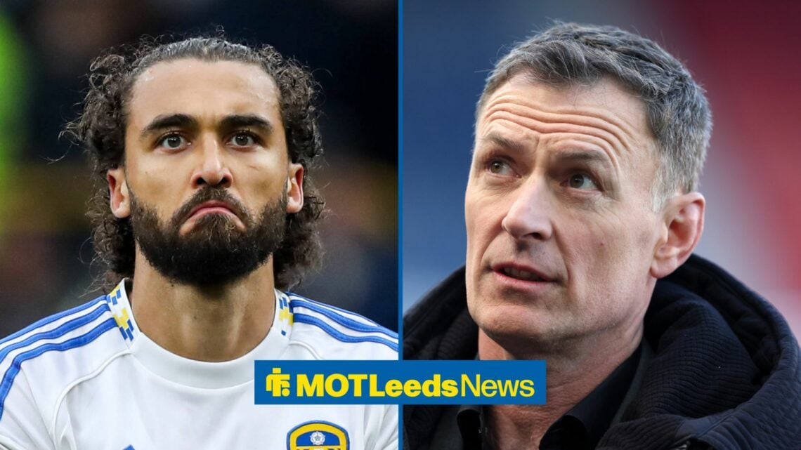 Dominic Calvert-Lewin in action for Leeds, with Chris Sutton alongside him in a split image