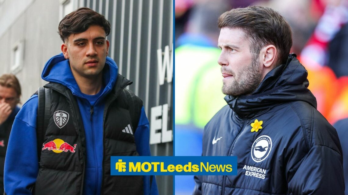 Facundo Buonanotte outside Elland Road, with Fabian Hurzeler alongside him in a split image