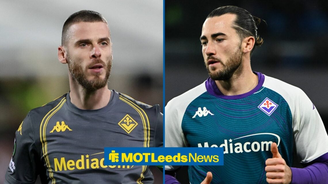 David de Gea in action for Fiorentina, with Jack Harrison alongside him