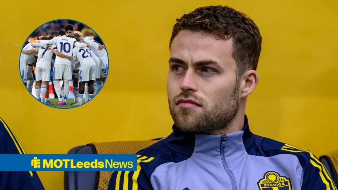 Gabriel Gudmundsson in Sweden gear, Leeds United players in a huddle.