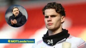 Leeds United loanee Harry Gray in Rotherham United kit, Daniel Farke clapping.