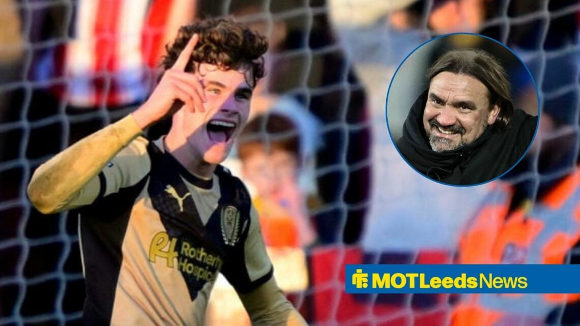 Harry Gray of Rotherham United during the Sky Bet League 1 Match with Exeter City, Leeds United boss Daniel Farke smiling.