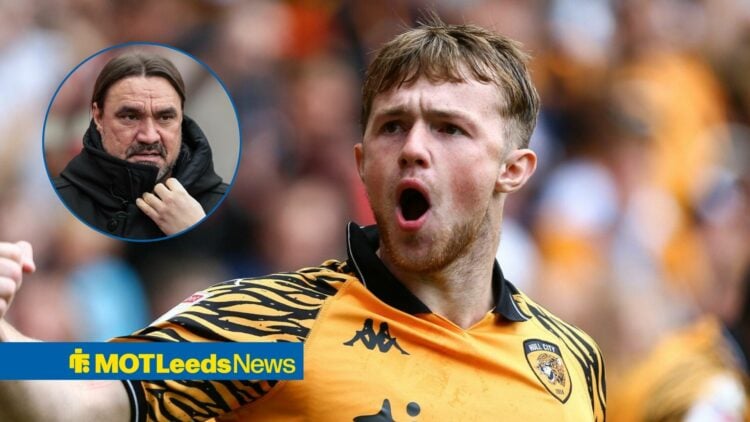 Joe Gelhardt of Hull City celebrates during the Sky Bet Championship match between Hull City and Oxford United, Daniel Farke manager of Leeds Unite...