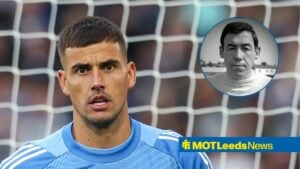 Karl Darlow Of Leeds United during the Leeds United FC v AFC Bournemouth match, Gordon Banks in inset.