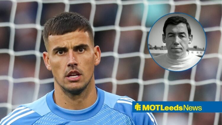 Karl Darlow Of Leeds United during the Leeds United FC v AFC Bournemouth match, Gordon Banks in inset.