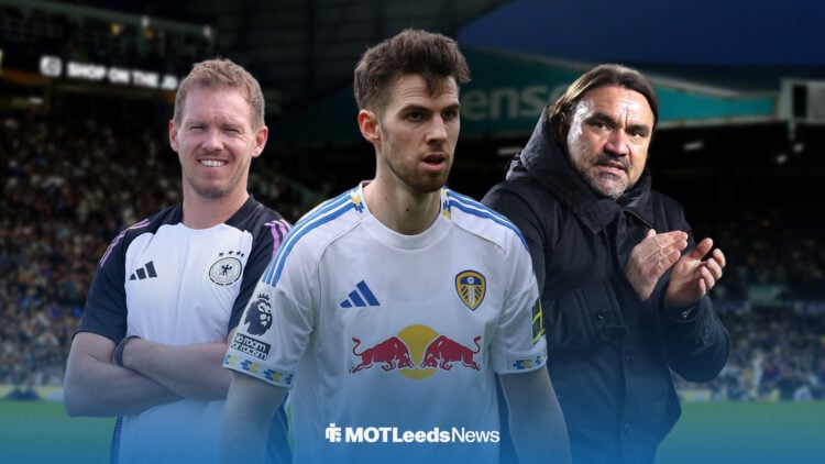 Anton Stach in a Leeds kit, with Julian Nagelsmann and Daniel Farke either side of him