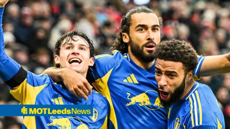 Leeds United stars Brenden Aaronson, Dominic Calvert-Lewin and Jayden Bogle celebrating