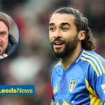 Leeds United striker Dominic Calvert-Lewin as main image and Daniel Farke in circular inset