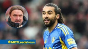 Leeds United striker Dominic Calvert-Lewin as main image and Daniel Farke in circular inset