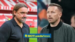 Split image of Leeds United manager Daniel Farke and Craig Bellamy