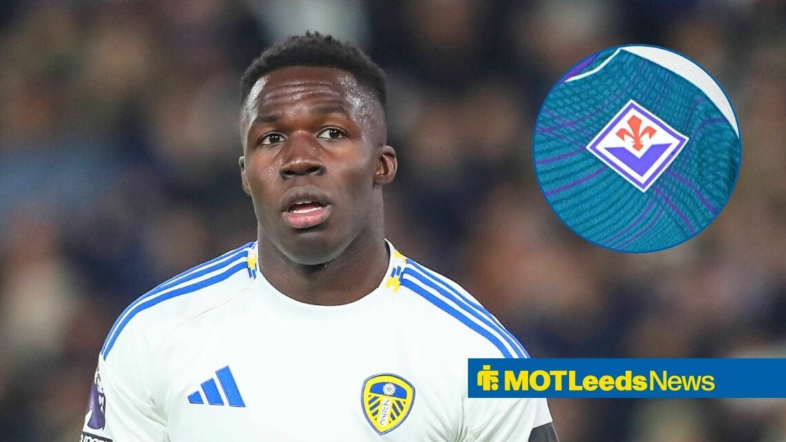 Leeds United forward Wilfried Gnonto and Fiorentina badge in circular inset