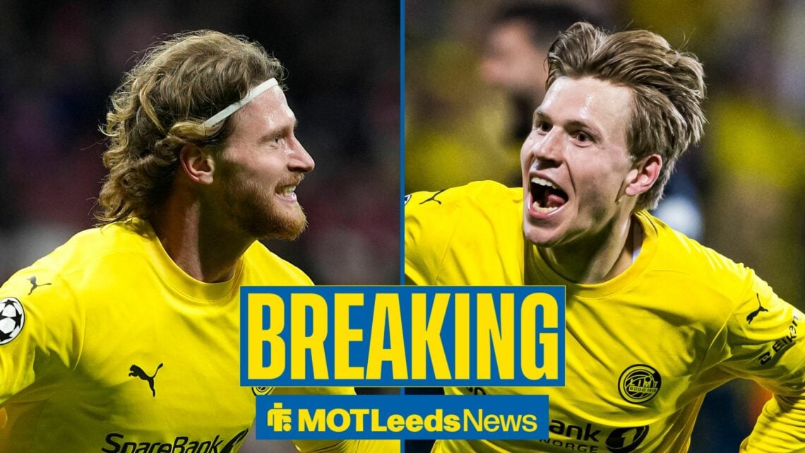Split image of Leeds United targets Kasper Hogh and Jens Petter Hauge playing for Bodo/Glimt