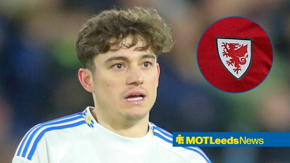 Leeds United forward Dan James and Wales logo in circular inset on right